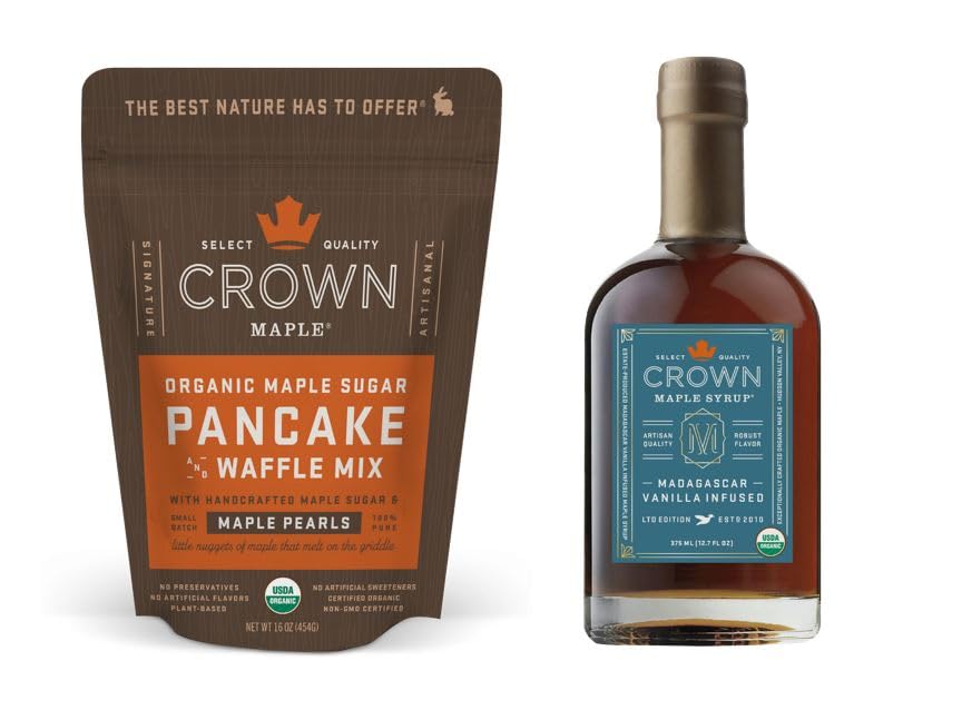 Crown Organic Maple - Mezcla orgánica para panqueques y waffles (16 onzas) con jarabe de arce orgánico con infusión de vainilla de Madagascar (12.7