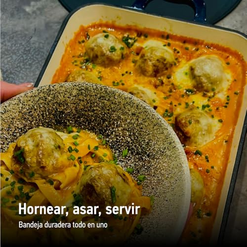 Cazuela rectangular de hierro fundido esmaltado azul de 3,2 litros para lasaña y horno 5