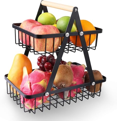 MEESOGA 2-Tier Fruit Basket Stand with Wooden Handle - Fruit Bowl Holder Bread Basket Vegetable Rack, Detachable Metal Fruit Holder for Fruit Vegetables Snacks for Home Kitchen Office
