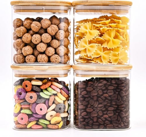 Image of MARTVIA Glass Food Storage Jars with Bamboo Lids 750ml Set of 4, Wide Mouth Lid Jar for Home Kitchen,Flour, Sugar, Coffee, Pasta, Oats, Grains, Cookies, Snacks (Sqaure 750 ML, SET OF 4)