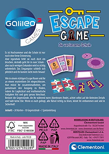 Clementoni 59228 Escape Game – Die verlassene Schule, Gesellschaftsspiel zum Knobeln & Rätseln, inkl. Hinweiskarten und Requisiten, ideal als Geschenk, Familienspiel ab 8 Jahren, 11.2 x 15.6 x 3.2 – Bild 3