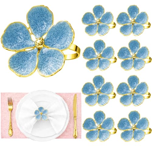 Flower Napkin Rings Set of 8, European Palace-Style Glaze, High-Temperature Fired Ideal for Photography Props, Ribbon Clips, or Curtain Tiebacks, Weddings/Birthdays (Blue)