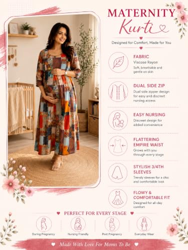 Image of RITIJYA Feeding Kurta for Women with Zip | Maternity Kurti for Nursing Mothers | Concealed Zipper, Extra Pleats Pre to Post Pregnancy | Quick-Dry Comfort Fabric | S-4XL