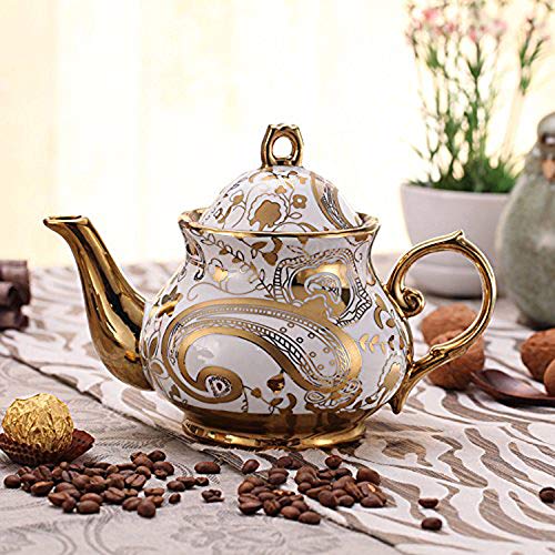 13 Piece European Retro Titanium Ceramic Tea Set With Metal Holder, Porcelain Tea Cups Set, For Wedding, Golden Flower Painting
