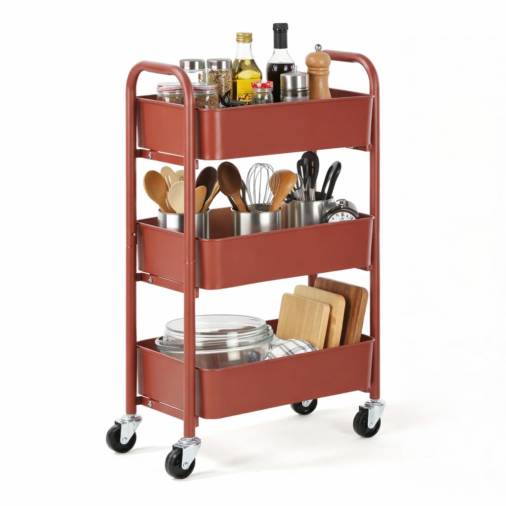 SunnyPoint 3-Tier Delicate Compact Rolling Metal Storage Organizer - Mobile Utility Cart Kitchen/Under Desk Cart with Caster Wheels (RED, 15.35" X 10.24" X 26.8"H)