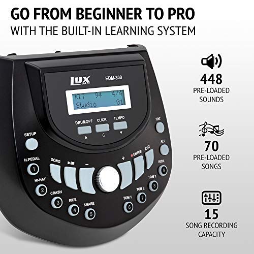 8-Piece Electronic Drum Kit, Drum Set with Real Mesh Fabric, 448 Preloaded Sounds, 70 Songs, 15-Song Recording Capacity, Choke, & Kick Pad, Drum Sticks With Professional Studio Headphones