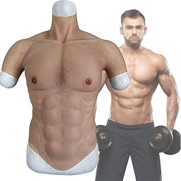 Silicone Muscle Suit Upgraded Mens Silicone Muscle Top Silicone Fake Chest Muscles Half Body Suit, for Cosplay Crossdress Dragqueen Halloween Props,Natural