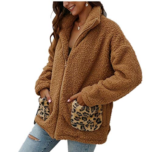 iQKA Women Leopard Print Casual Long Sleeve Fuzzy Sherpa Cardigan Faux Fur Winter Warm Coat Zipper Jacket Khaki