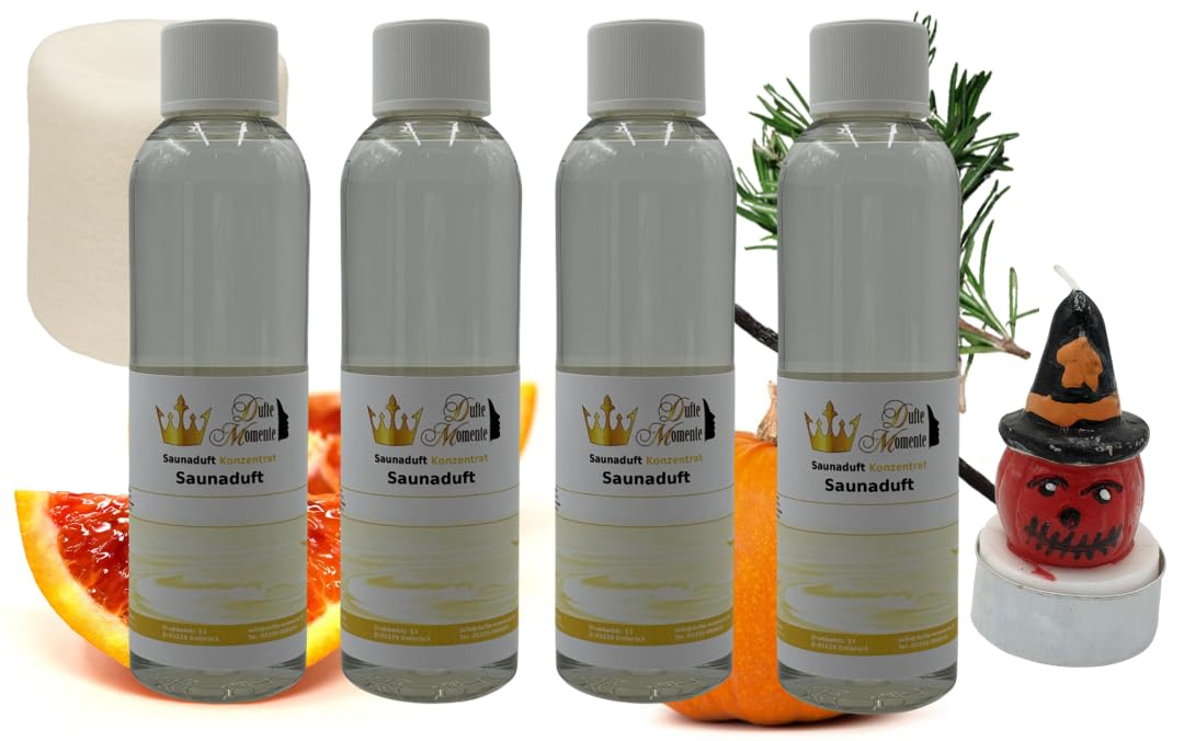 Dufte Momente Saunaaufguss Set Halloween Edition (4×250 ml) – Amerikanische Vanille, Blutorange, Gewürzkürbis & Marshmallow – inkl. Halloween-Teelicht – Made in Germany