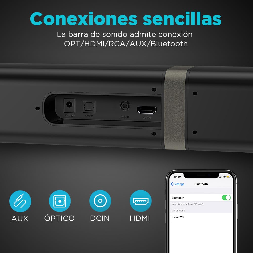 2.0 Barra de Sonido para TV, Barra de Sonido Separable 2 en 1 de 32 Pulgadas para Dispositivos de TV con 3 Modos de ecualización y 3 Sonidos envolventes, ARC/Óptico/AUX, 1pcs