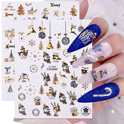 9 Sheets Christmas Nail Art Stickers 3D Self-Adhesive Glitter Gold Snowflake Snowmen Elk Decals Nail Supplies Santa Claus Line Letters Nail Design Decals Winter Xmas Nail Decorations for Women Girls
