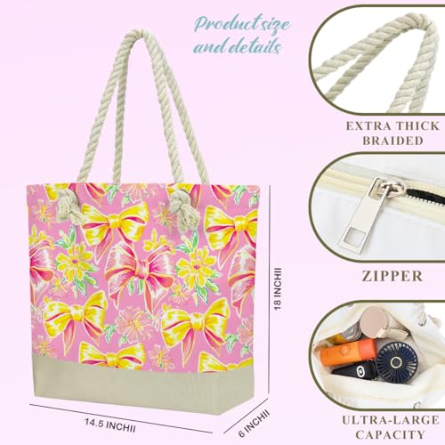 Beach Bags for Women, Beach Towel, Wet Bag Cosmetic Bag, Pool Waterproof Shoulder Tote Bags, Pocket Zipper Summer Travel Essentials, Gifts for Women Birthday - Pink Yellow Bow (3-Piece Set)2