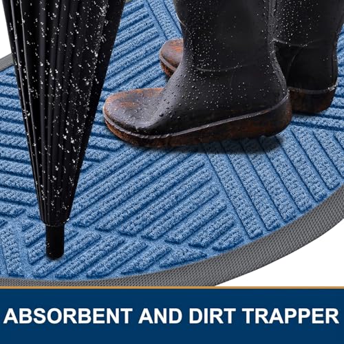 Image of Smiry Half Circle Front Door Mat Outside Entrance, Heavy Duty Sturdy Natural Rubber Doormat, Trap Dirt and Moisture, Low Profile Mats for Indoor Outdoor Entry, Irregular Triangle (29.5x17, Blue)