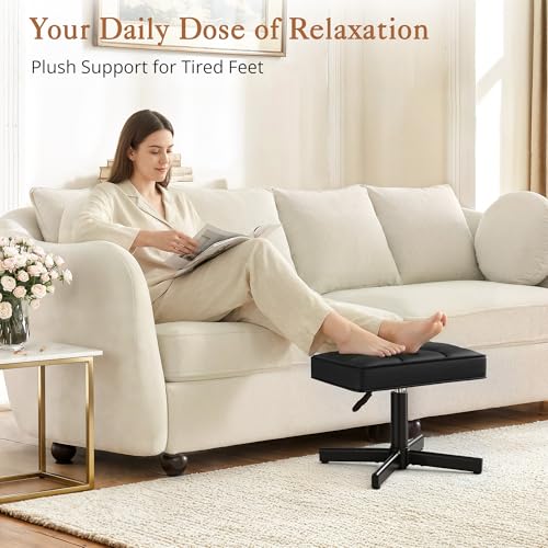 Image of LUE BONA Adjustable Vanity Stool, Foot Rest Under Desk, 360 Swivel Vanity Chair for Makeup Room, Black Upholstered Faux Leather Ottoman for Bathroom & Living Room, 300lbs