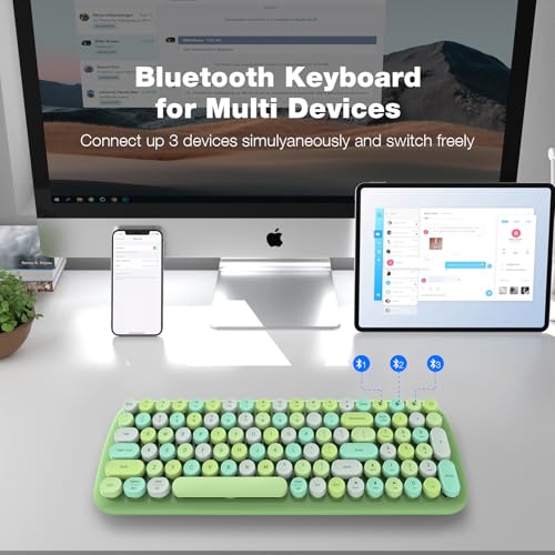 Image of KNOWSQT Bluetooth Keyboard - Green Colorful Multi Device Wireless Typewriter Keyboards - Round Keycaps 100 Keys Cute Keyboard for Windows, Laptop, PC, Tablet, iPad, iPhone, Chrome
