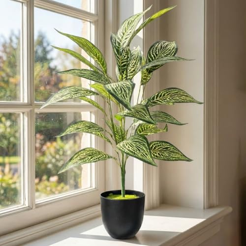 Image of Dekorly Artificial Plant Leaves Tropical Monstera Large Artificial Plants Fake Zebra Leaf Plastic Palm Tree Branch for Home Garden Decor | 26 Leaves (WithPot-Green-A, Height : 76CM)