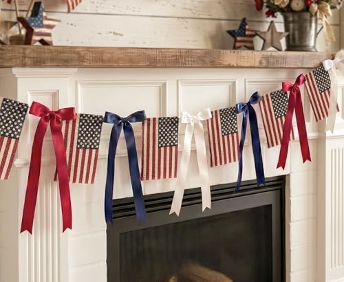Patriotic Garland 4th of July Decorations, Vintage Americana Flag Garland with Bows, Retro Handmade Burlap Flags Bows, Fourth of July Banner for Mantle Wall Memorial Independence Labor Day, 6.5 Ft