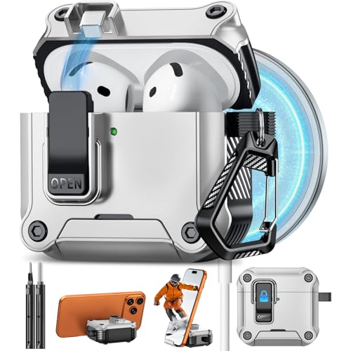 Image of Pohgelan for AirPods 4 Case with Safety Lock-Silver | Magnetic Automatic Lock with Cleaning Kit&Keychain,Compatible with Magsafe