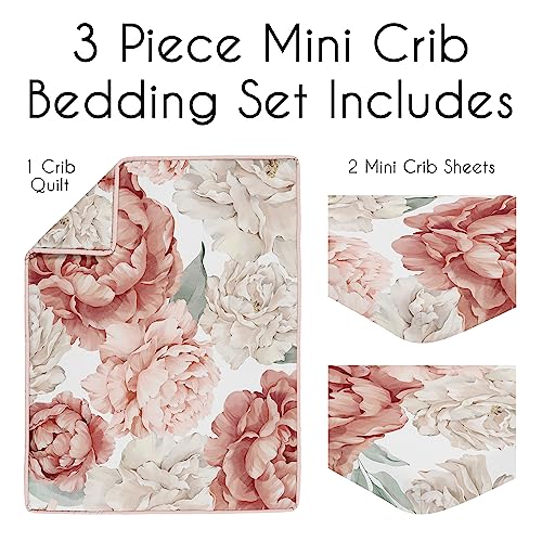 Image of Sweet Jojo Designs Blush Pink Boho Shabby Chic Floral Girl Baby Mini Crib Bedding Set Infant Nursery Room Newborn Blanket Portable Pack n Play Sheets 3pc Off White Ivory Bohemian Vintage Watercolor