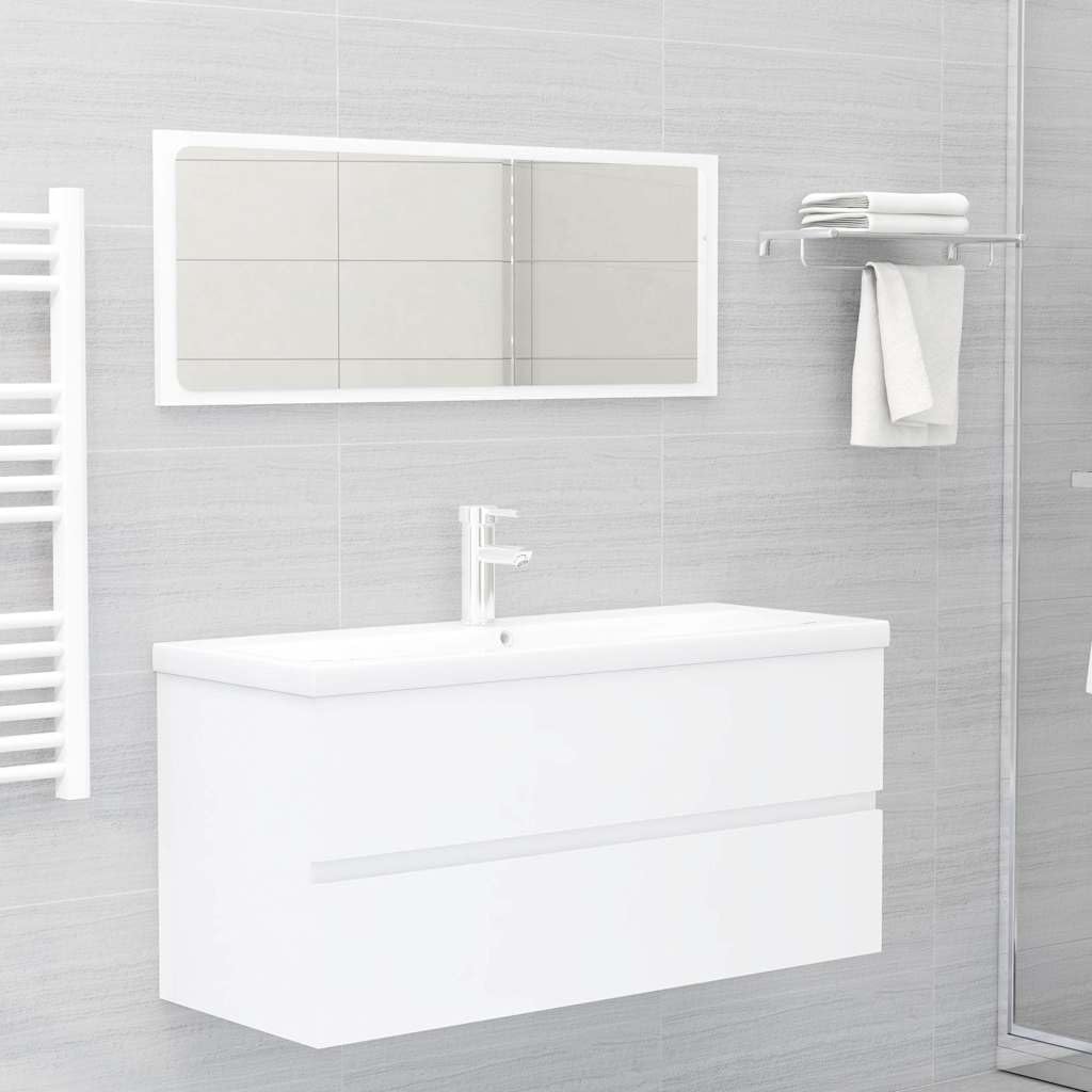 Armario para lavabo de madera blanco con lavabo empotrado, 100 x 38,5 x 45 cm, 1 cajón, espacio de almacenamiento para baño y aseo de invitados, diseño moderno, con grifo y rebosadero