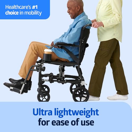 Image of Medline Ultra Lightweight Transport Wheelchair for Adults, Foldable, 19-Inch Seat Width, Black Frame, Black Upholstery