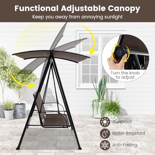 Image of HAPPYGRILL 2-Person Patio Swing with Canopy, Heavy-Duty Metal Frame, Breathable Seat Fabric, Outdoor Loveseat Swing for Backyard, Balcony, Poolside