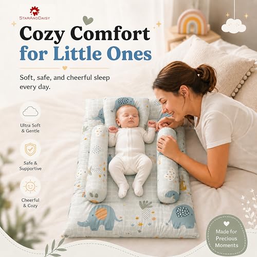 Image of StarAndDaisy Newborn Baby Bedding Set, Baby Bed Soft & Breathable, Godari Boys & Girl Design, 100% Cotton Cushioned Mattress Sheet with 2 Side Bolster Pillows & 1 Head Pillow - Elephant Print