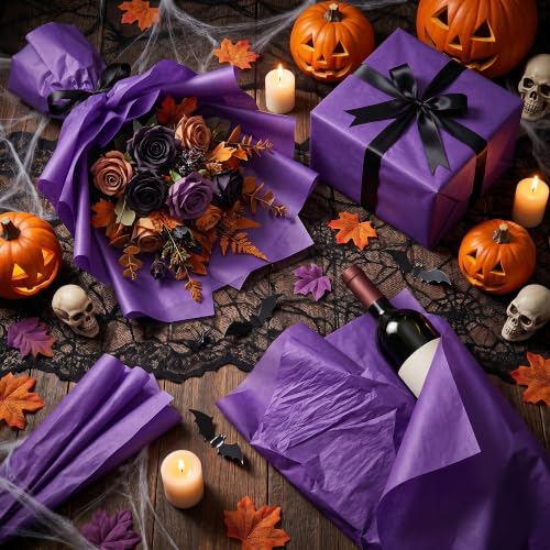 Image of Purple Tissue Paper - 100 Sheets Gift Wrapping Paper for Halloween Decor | Halloween Decorations for Gift Bags Boxes - Gift Wrapping Tissue Paper Bulk for DIY Crafts Wedding | Halloween Party Supplies