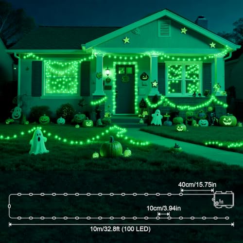 Isisyu 2 Stück Halloween Lichterkette Batterie, 10M 100 LED Grün Micro Lichterkette Batteriebetrieben mit Timer… – Ansicht 6