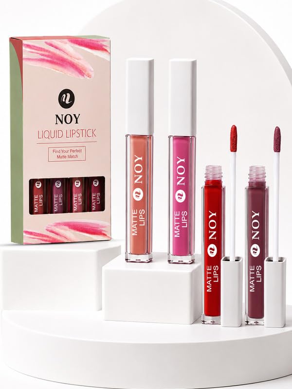 Image of Noy Lipstick Matte Waterproof Smooth Matte Finish for a Comfortable All-Day Wear - Creamy Nude, Nude Pink, Red Magenta, Dark Maroon Shades Pack of 4