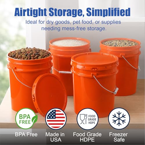 Image of ePackageSupply 5 Gallon Bucket - Food Grade w /Lid BPA-Free,6 Pack - Orange | Airtight Gasketed Tear Strip Lid, Heavy-Duty 90 Mil HDPE Plastic Pail, Bulk Storage, Food Safe Durable Container, Made in USA