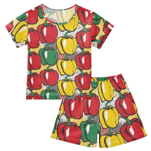 ALAZA Pepper Chili Red Yellow Green Pajamas Short Sleeve 2 Piece Sleepwear Top and Bottom Pajama Set Unisex