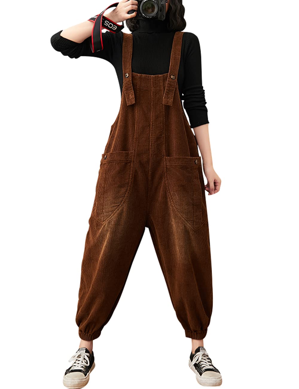 Bigasset Women's Corduroy Overalls Bib Pants Baggy Jumpsuits Rompers with Pockets