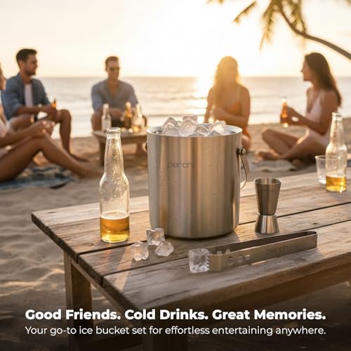 Image of O' Holic by Perch Ice Bucket Trio Stainless Steel - Double Wall Ice Bucket 1.5 Litre with Lid, Ice Tongs & 30 /60 ml Jigger | Insulated Cocktail Barware for Home, Parties & Gifting