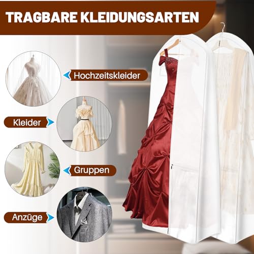 Kleidersack Lang 180×60 cm, Faltbare Kleiderhülle mit 4 Taschen, Atmungsaktiver Kleidersack mit Griffen, 26cm Seitenlänge, Staubdichte Kleidungsschutztasche,Für Brautkleider,Abendkleider,Mäntel(Weiß)