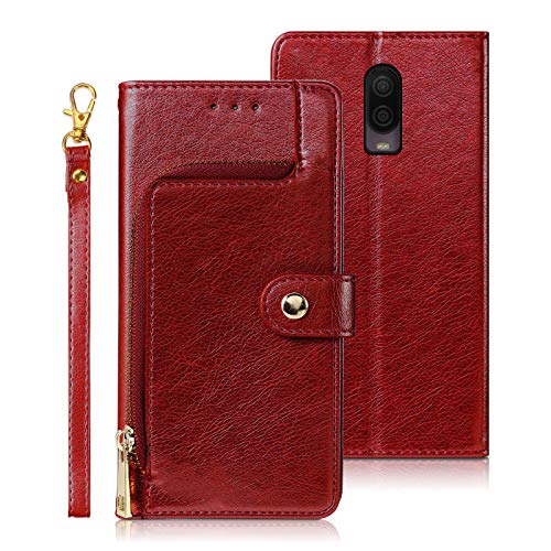 AKABEILA OnePlus 6 Case, Compatible for OnePlus 6 Phone Cases Wallet Silicone Flip PU Leather Holsters Handbag Cover [Metal Zipper Pocket] Magnetic Closure Card Slot Holder with Wrist Strap,Red