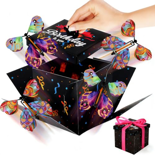 Halinuia Schmetterlings Explosion Geschenkbox Geburtstag Happy Birthday Schwarz 12.5x12.5x12.5cm Überraschungsbox mit Fliegende Schmetterlinge Pop Up Surprise Box mit Grußkarte & Schleife