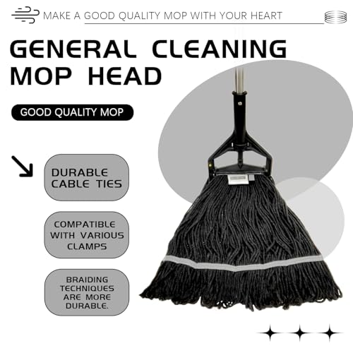 Image of Commercial Cotton Mop Heavy-Duty Industrial with 2 Replacement Heads 152 cm Handle Replacement mop Head (Black)