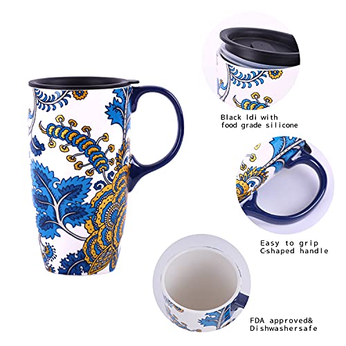 Topadorn Ceramic Coffee Mug Travel Cup Gift With Lid 17Oz., Porcelain Tall Tea Cup With Handle For Home & Office, Blue Art Pattern Gift Mug, 6.5''H #TOP2