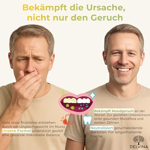 DELVINA Mundgeruch bekämpfen - 90 Lutschtabletten für Mundhygiene ohne Mundspülung und Zungenreiniger - Frischer Atem - Bakterienkulturen mit Vitamin D3 gegen Mundgeruch, Zitrone, 3 Monatsvorrat