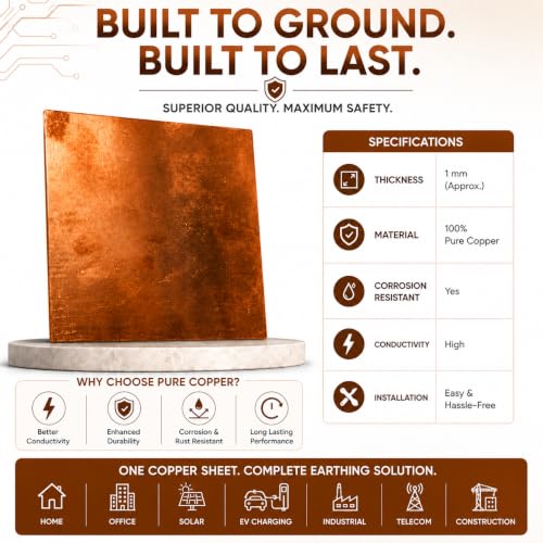 Image of Pure Copper Earthing Plate 6x6 Inch | Premium Copper Earth Sheet for Home Earthing 1kW Systems | EV Charger Grounding Plate, Electrical Earthing Copper Sheet | Corrosion Resistant Ground Plate
