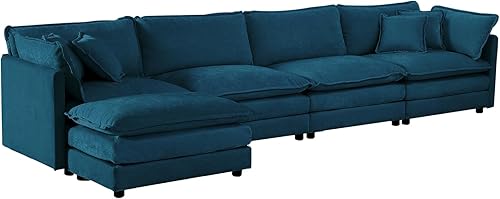 Miniatura 6 de KIVENJAJA Sofá modular en forma de L de gran tamaño, sofá nube de felpilla de 4 plazas con otomanadiván y 6 almohadas para sala de estar,