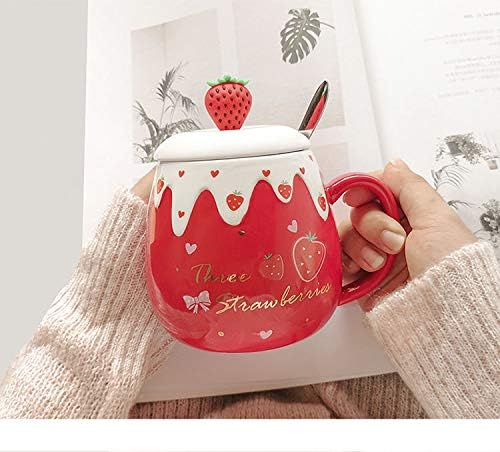 High beauty Cup With Cover Spoon Mug Female Student Korean Version Lovely ins Coffee Cup Household Ceramic Breakfast Cup (Red 2)