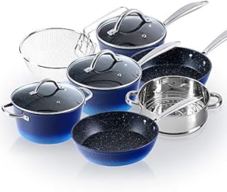 Kitchen Academy 15 Pieces Non-Stick Cookware Set, Nonstick Induction Granite-Coated Pot Pan Set, Includes Lids, Frying and Pans Accessories - Aluminium Hammered Blue