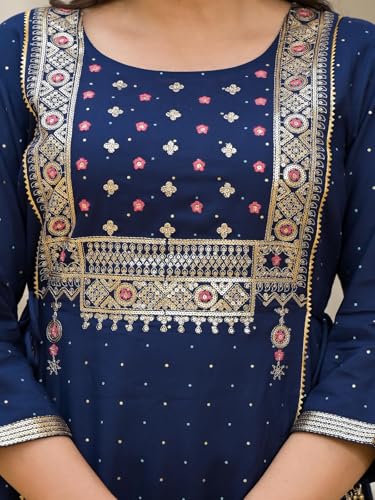 Image of Juniper Blue Solid Rayon Kurta with Sequins & Doris for Women and Girls