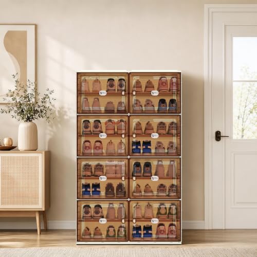 Image of 32 Pairs Shoes Storage Cabinet of 3-Step Fast Installation,Plastic Shoe Rack with Clear Magnetic Door for Display, Shoe Organizer for Sneaker, Sandals, Heels (2 Row, 8 Tier)