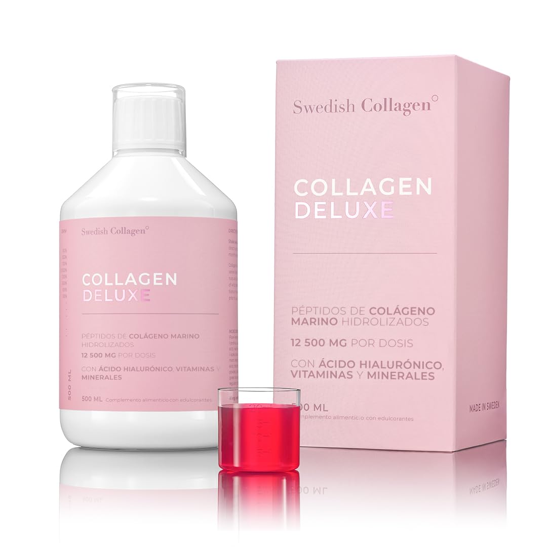 Swedish Collagen - Collagen Deluxe 500 ml de colágeno líquido | 12.500 mg de colágeno marino, con ácido hialurónico, vitaminas y minerales para cabello, piel y uñas