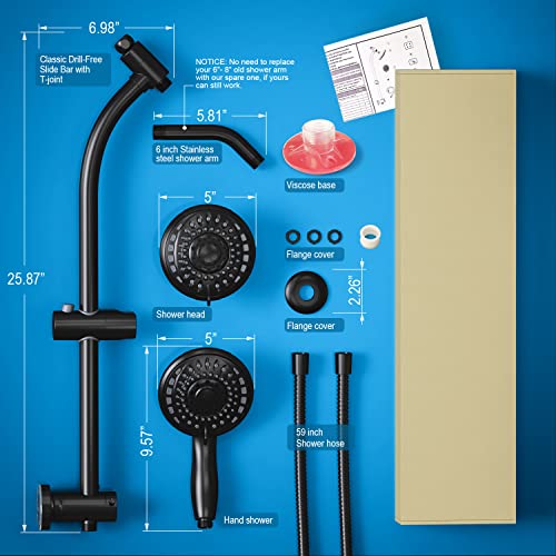 Egretshower Handheld Showerhead & Rain Shower Combo For Easy Reach, 27.5" Drill-Free Stainless Steel Slide Bar, 5”Of 5-Setting Handheld Shower And Showerhead, With 5Ft Hose - Black #TOP6