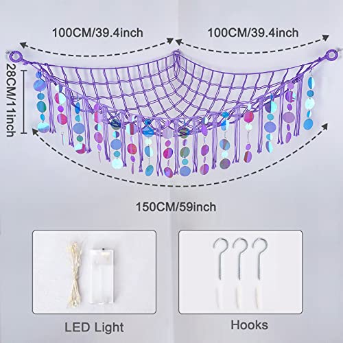 Image of FIOBEE Stuffed Animals Hammock Net Toy Storage Organizer with LED Light, Stuffed Animals Storage Girls Room Decor Wall Hanging with Sequins for Kids Bedroom Nursery Playroom, Purple