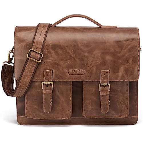 LEABAGS Leder Aktentasche Herren & Damen I Echtleder Laptoptasche bis 15 Zoll I Umhängetasche mit Schultergurt I Schultertasche I Messenger Bag I Arbeitstasche I Lehrertasche I Vintage Cognac